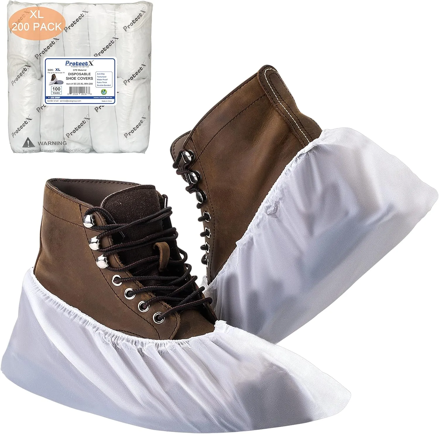 ProtectX White Disposable Shoe & Boot Covers, XL Extra Large, 200-pack (100 pairs), Waterproof, Slip Resistant, Durable CPE Plastic, Fits up to Men's 14 US Size and All Women's US Size Shoes