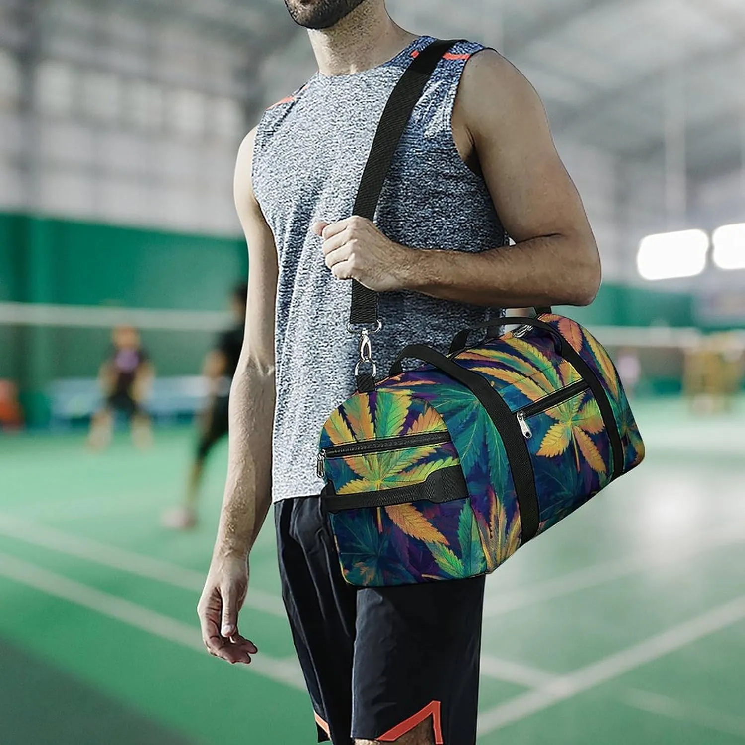 Psychedelic Cannabis Leaf Fitness Large Gym Bag for Unisex with Shoe Compartment & Wet Pocket