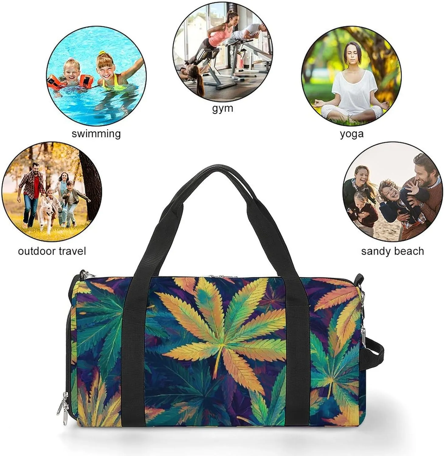 Psychedelic Cannabis Leaf Fitness Large Gym Bag for Unisex with Shoe Compartment & Wet Pocket