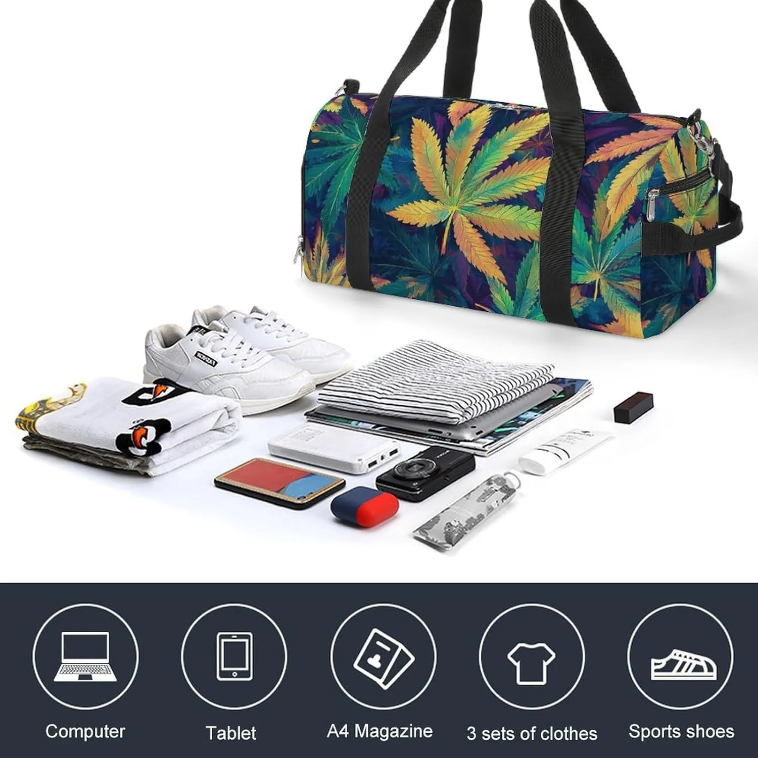 Psychedelic Cannabis Leaf Fitness Large Gym Bag for Unisex with Shoe Compartment & Wet Pocket