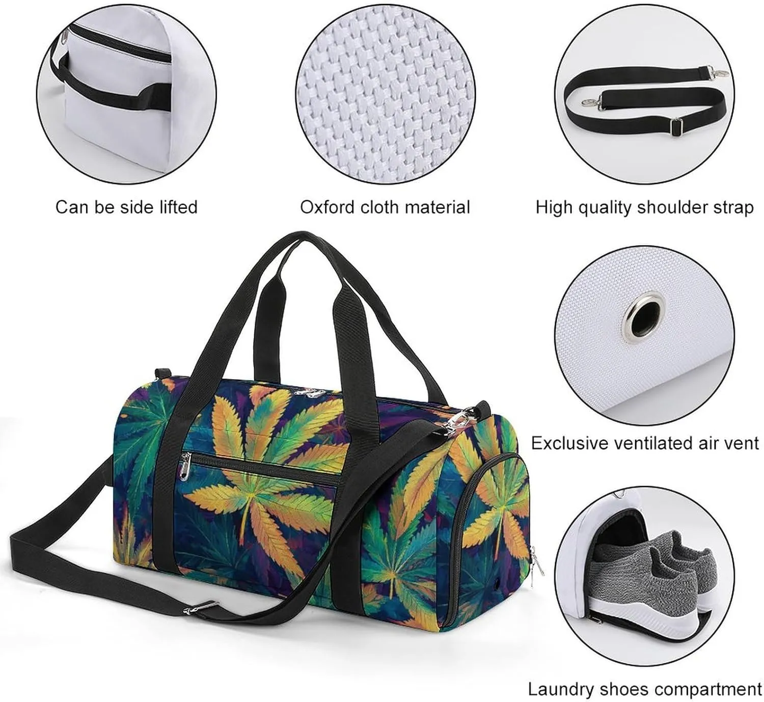 Psychedelic Cannabis Leaf Fitness Large Gym Bag for Unisex with Shoe Compartment & Wet Pocket