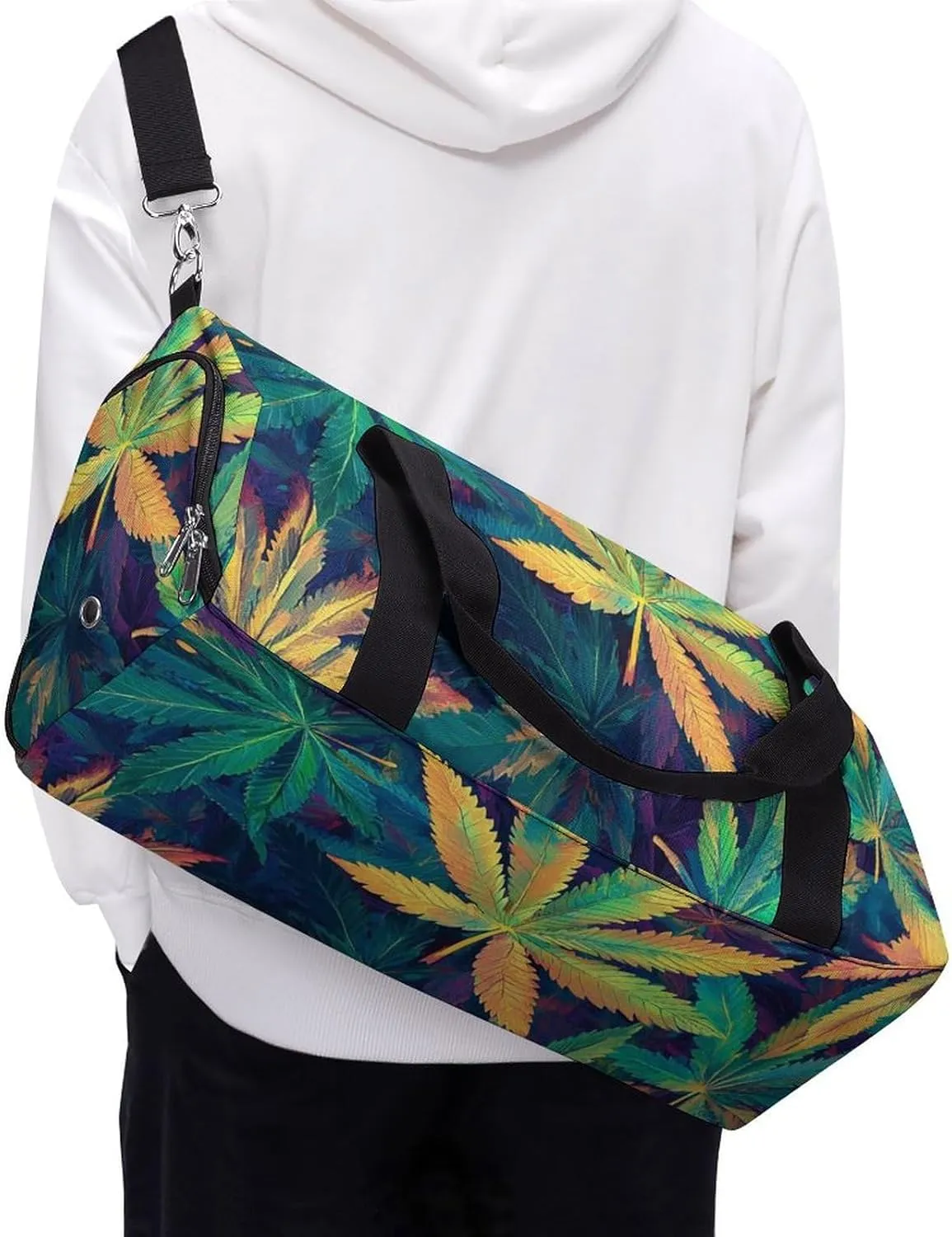 Psychedelic Cannabis Leaf Fitness Large Gym Bag for Unisex with Shoe Compartment & Wet Pocket