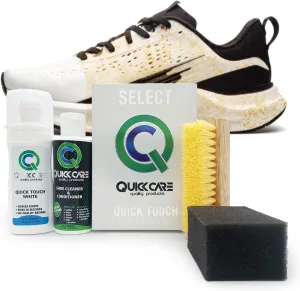 QuickCare Shoe Cleaner Kit for Sneakers - 2.5 Oz White Foam Spray to Cover Scuffs & Stains, Cleaner, 4 oz Conditioner for Leather, Nylon, Suede, Ultimate Shoe Care Set for All Footwear Types
