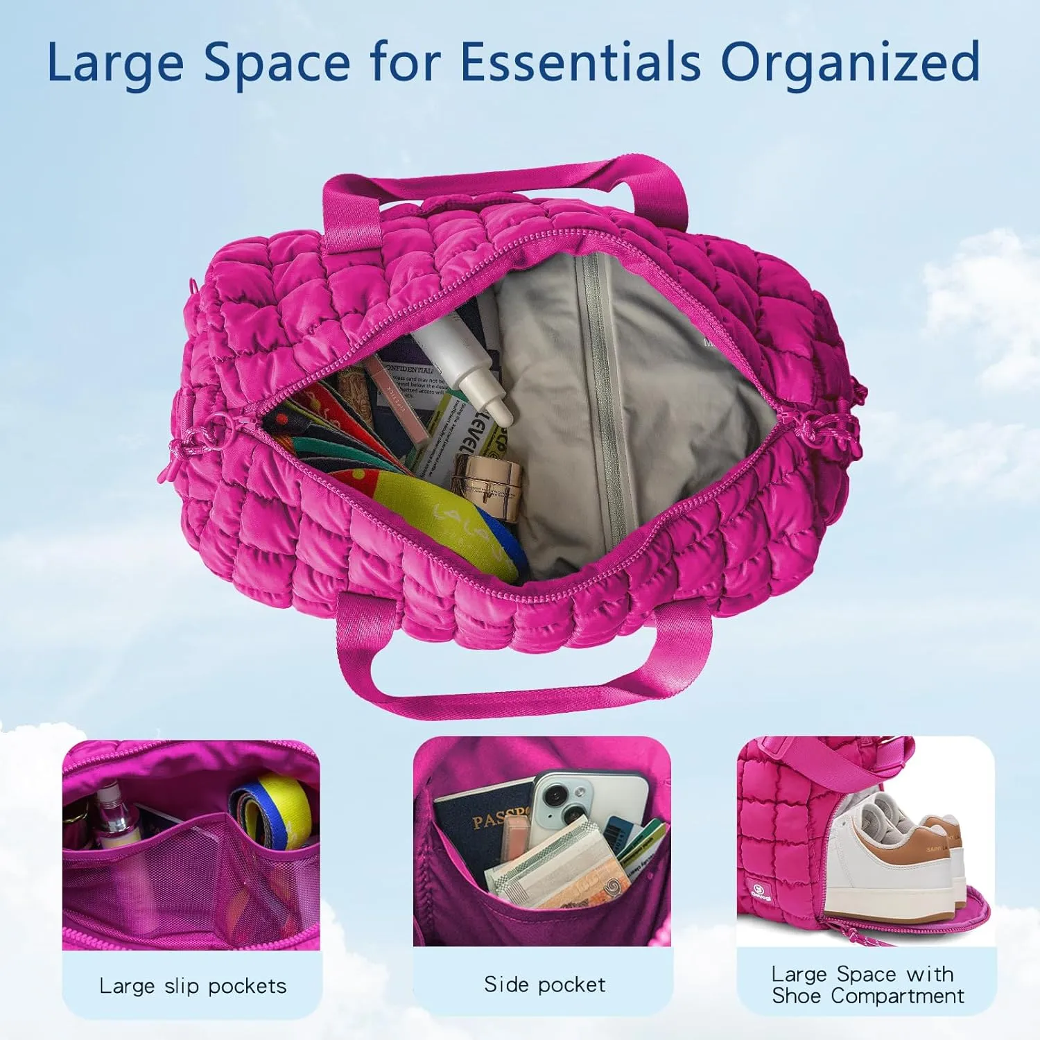 Quilted Gym Bag for Women,Duffle Bag for Travel with Wet Pocket,Carry on Weekender Bags for Women,Travel Bag with Shoe Compartment(Rose red)