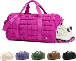 Quilted Gym Bag for Women,Duffle Bag for Travel with Wet Pocket,Carry on Weekender Bags for Women,Travel Bag with Shoe Compartment(Rose red)