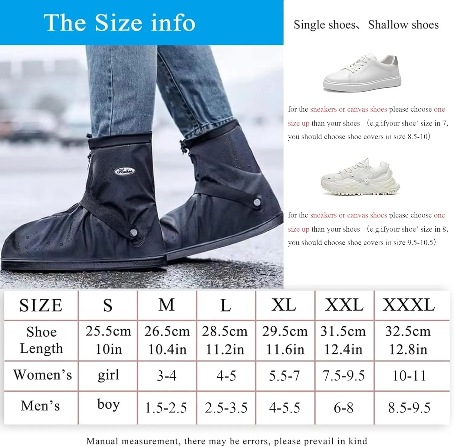 Rain Shoe Covers Waterproof Rain Boot Shoe Cover PVC Rubber Sole Reusable Anti-Slip Rain Snow Boots Overshoes Gear Shoes Durable Mud-Proof Shoe Protector for Cycling Outdoor Travel (Black, XXXL)