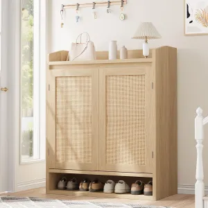 Rattan Shoe Cabinet with 2 Doors, Wooden Shoe Storage Organizer with Adjustable Shelves, 5-Tier Shoe Storage Cabinet for Entryway, Hallway, Closet, Living Room, Natural Oak