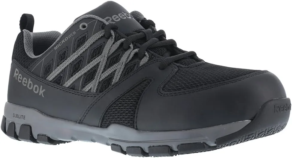 Reebok Work Men's RB4015 Sublite Athletic Soft Toe Work Shoe Black with Grey Trim Safety
