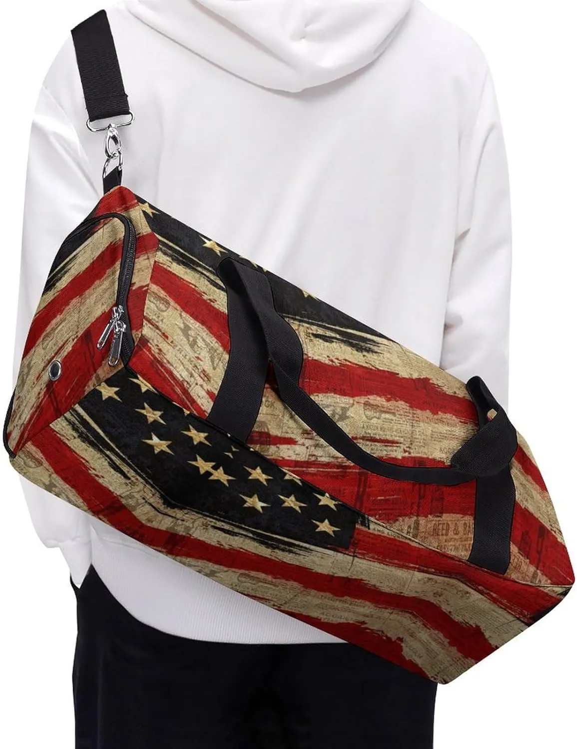 Retro America Flag Sport Gym Duffle Travel Bag with Shoe Compartment,Wet Pocket for Men and Women