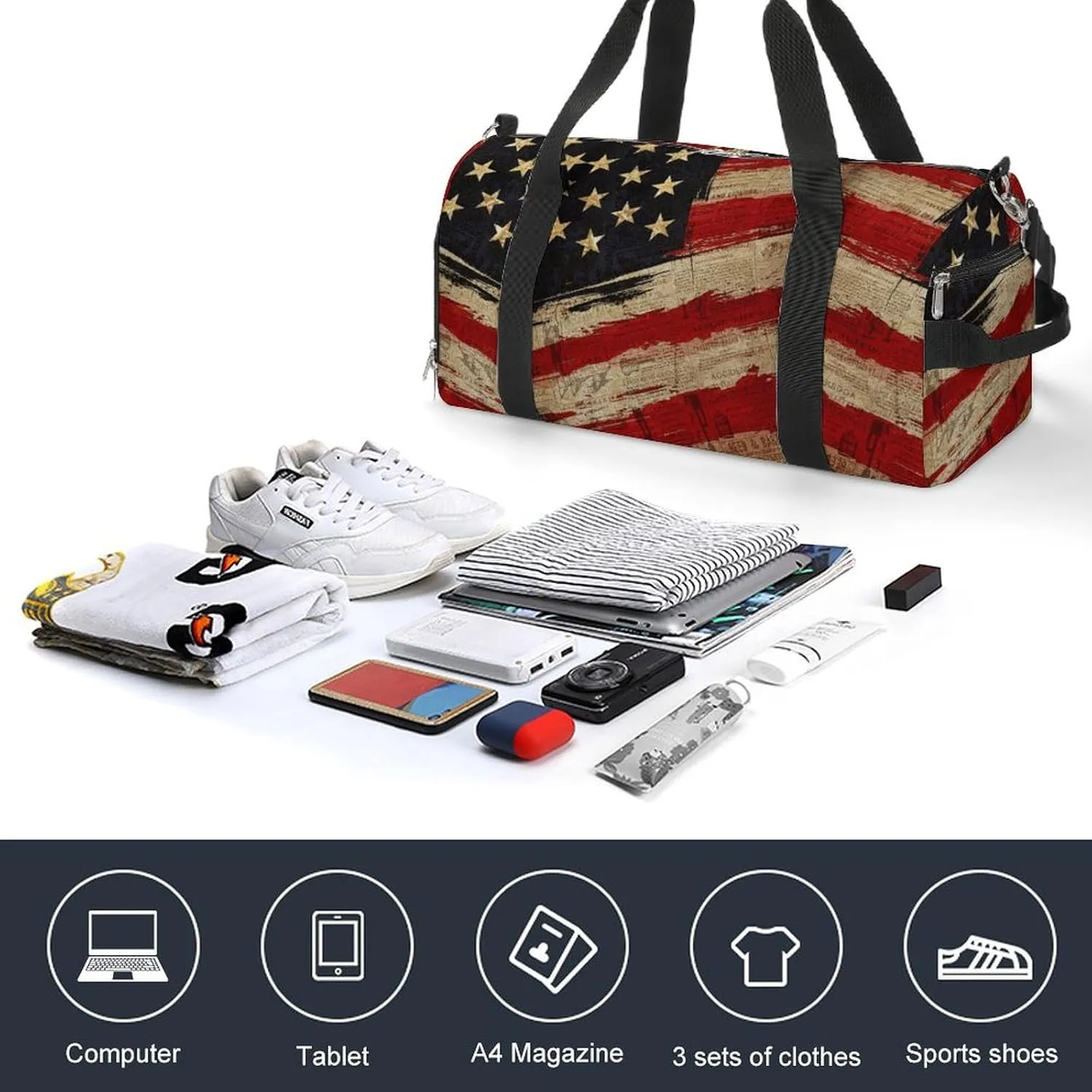 Retro America Flag Sport Gym Duffle Travel Bag with Shoe Compartment,Wet Pocket for Men and Women