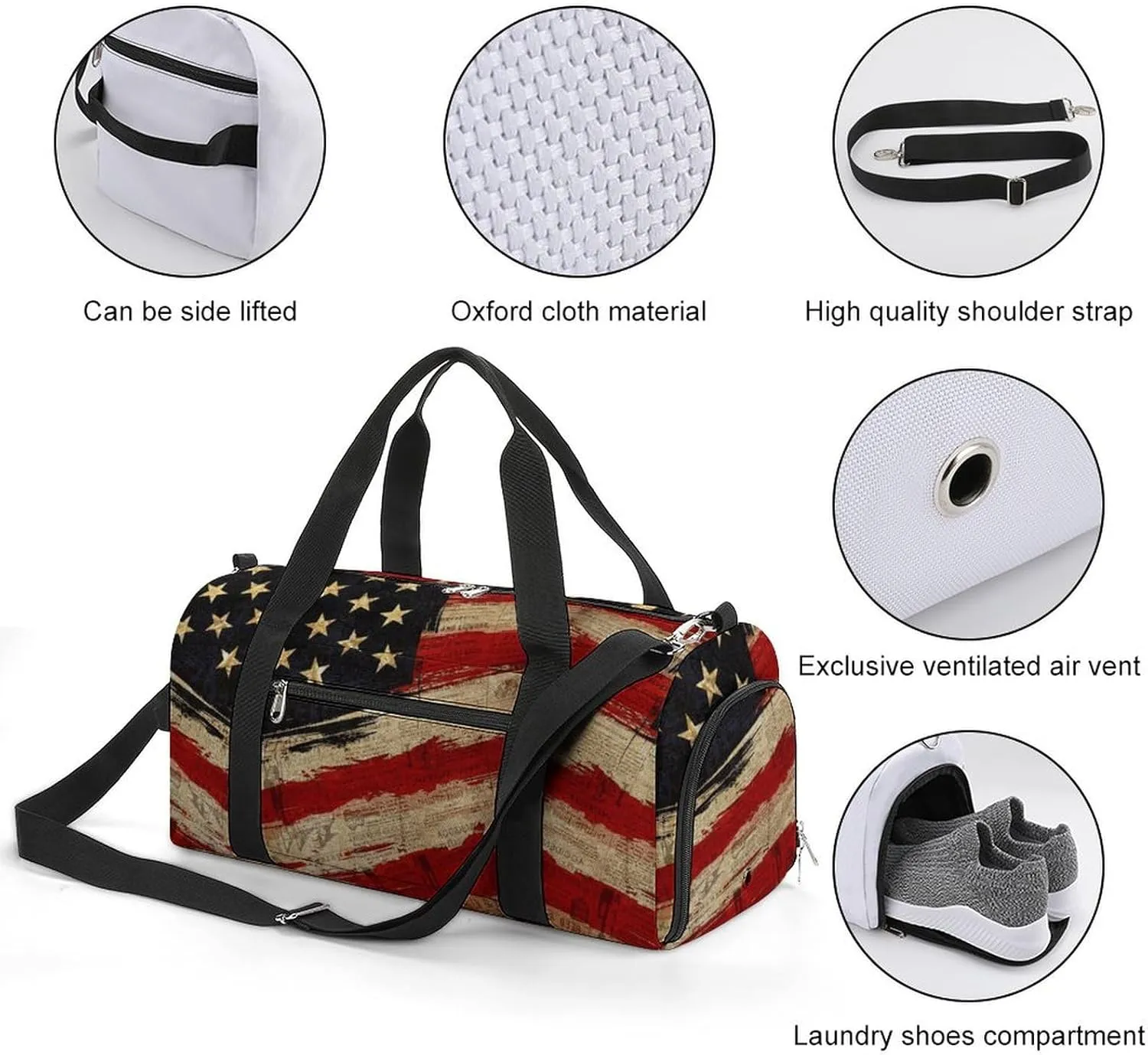 Retro America Flag Sport Gym Duffle Travel Bag with Shoe Compartment,Wet Pocket for Men and Women