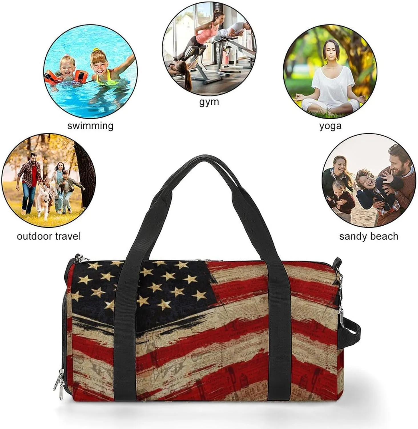 Retro America Flag Sport Gym Duffle Travel Bag with Shoe Compartment,Wet Pocket for Men and Women