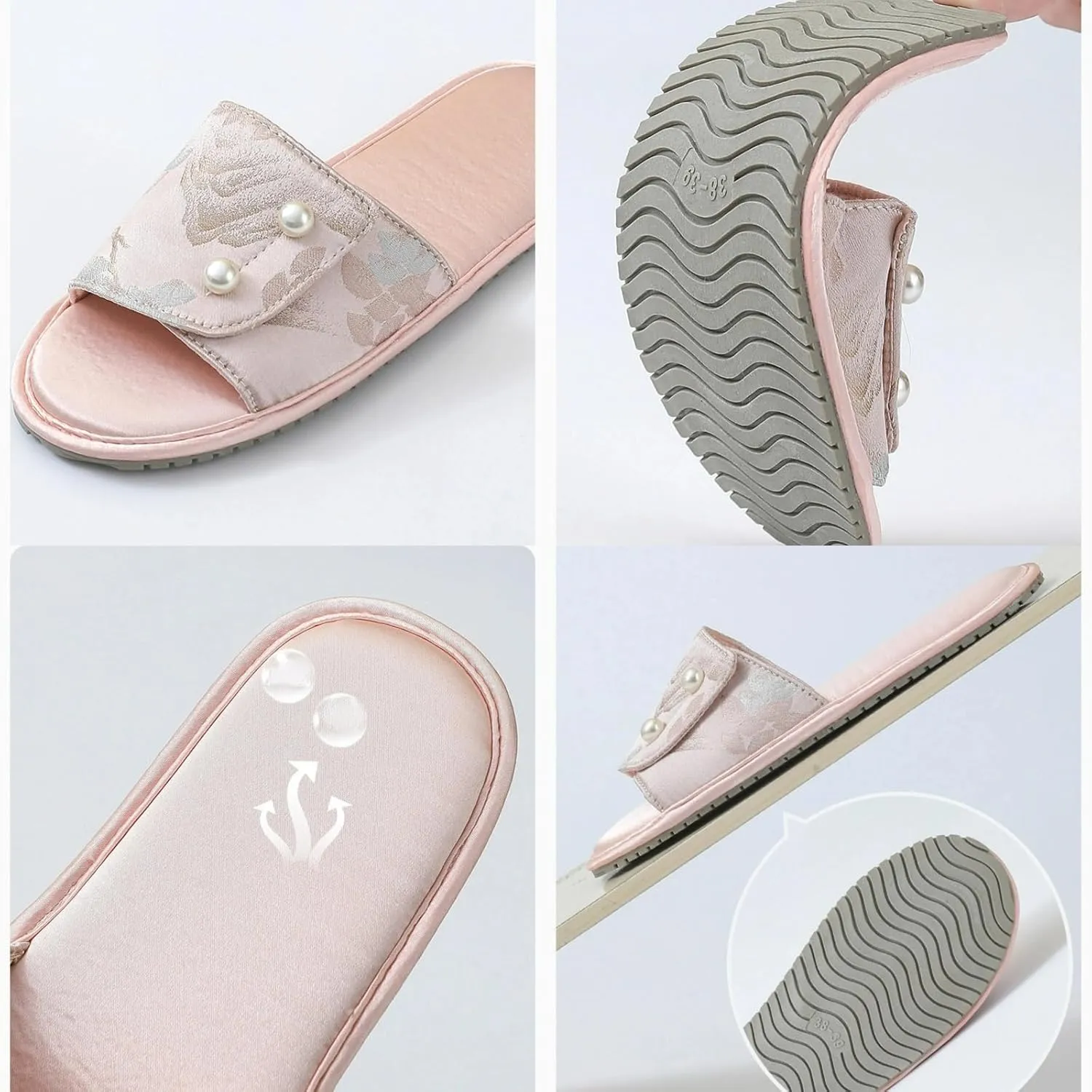Retro Pearl Button Embroidered Slippers Women Run Small Single Strap Slides Satin Upper Soft TPR Anti-Slip Soles Indoor Shoes