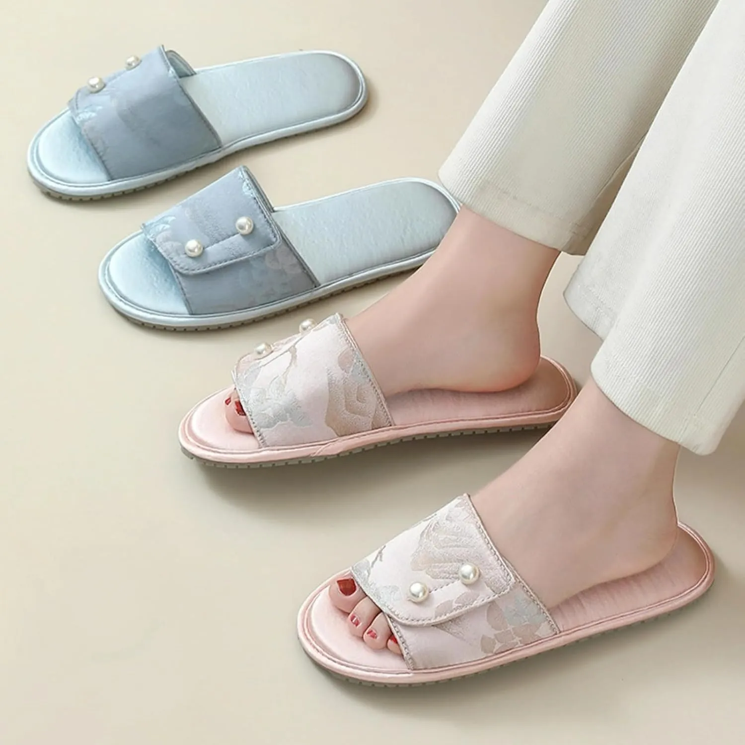 Retro Pearl Button Embroidered Slippers Women Run Small Single Strap Slides Satin Upper Soft TPR Anti-Slip Soles Indoor Shoes