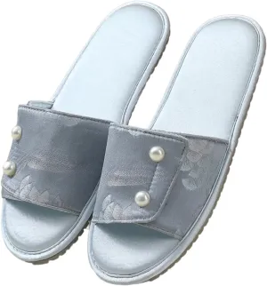 Retro Pearl Button Embroidered Slippers Women Run Small Single Strap Slides Satin Upper Soft TPR Anti-Slip Soles Indoor Shoes