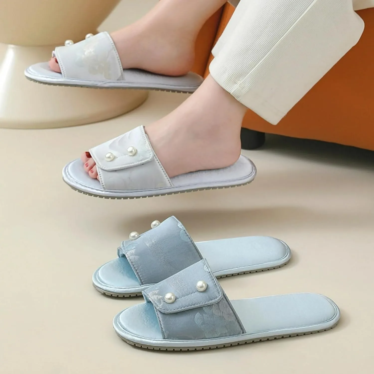 Retro Pearl Button Embroidered Slippers Women Run Small Single Strap Slides Satin Upper Soft TPR Anti-Slip Soles Indoor Shoes
