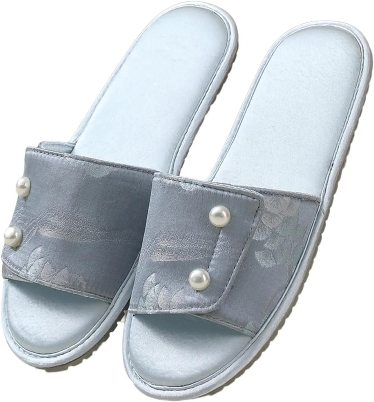Retro Pearl Button Embroidered Slippers Women Run Small Single Strap Slides Satin Upper Soft TPR Anti-Slip Soles Indoor Shoes