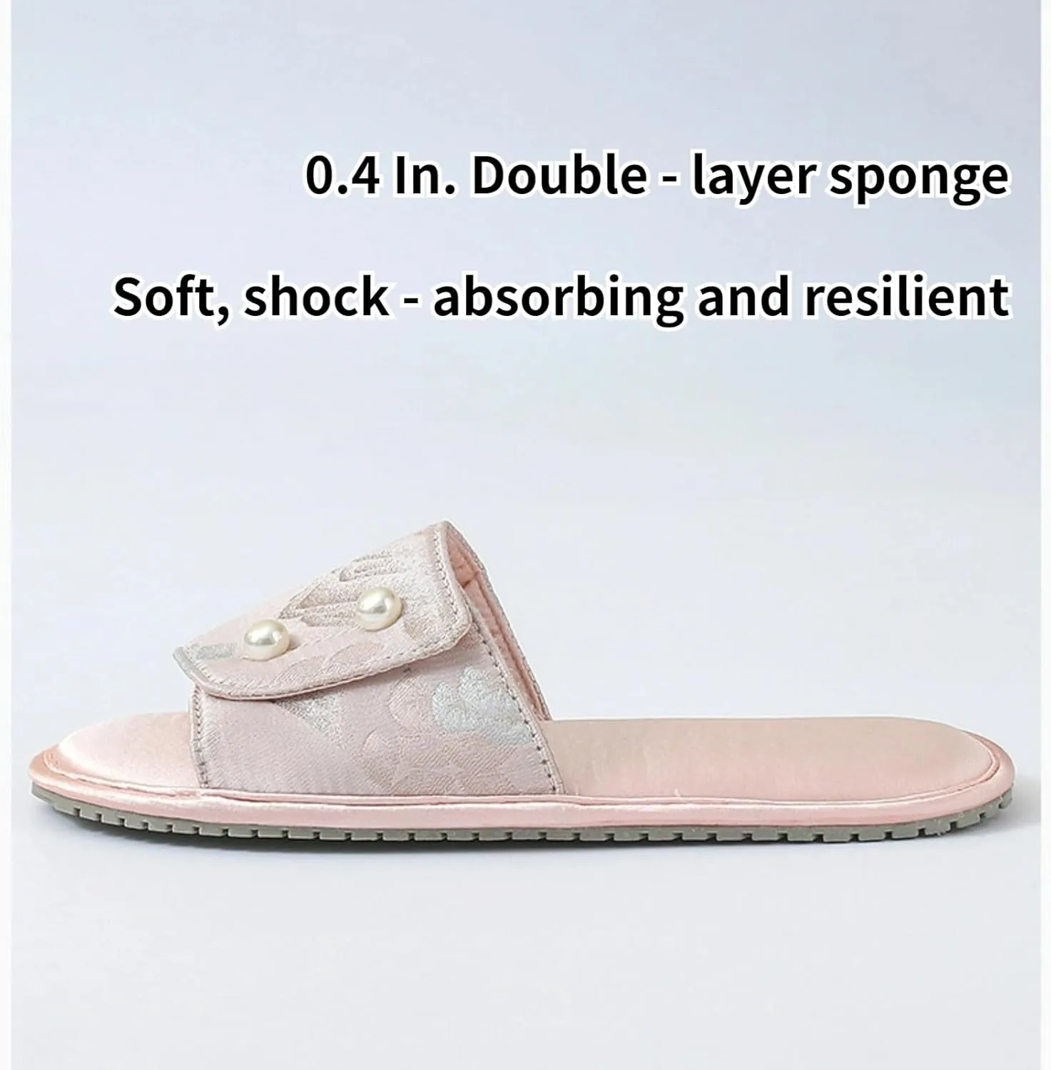 Retro Pearl Button Embroidered Slippers Women Run Small Single Strap Slides Satin Upper Soft TPR Anti-Slip Soles Indoor Shoes