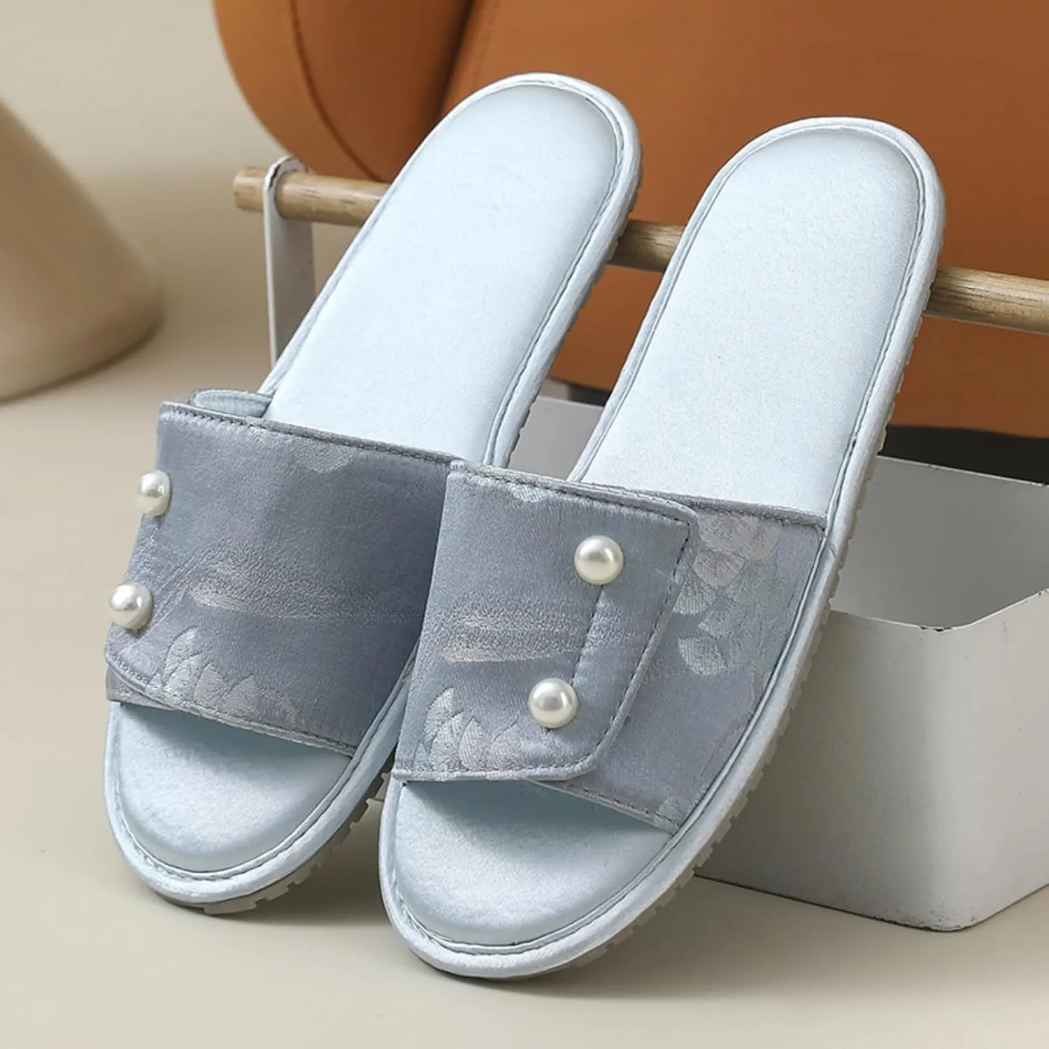 Retro Pearl Button Embroidered Slippers Women Run Small Single Strap Slides Satin Upper Soft TPR Anti-Slip Soles Indoor Shoes
