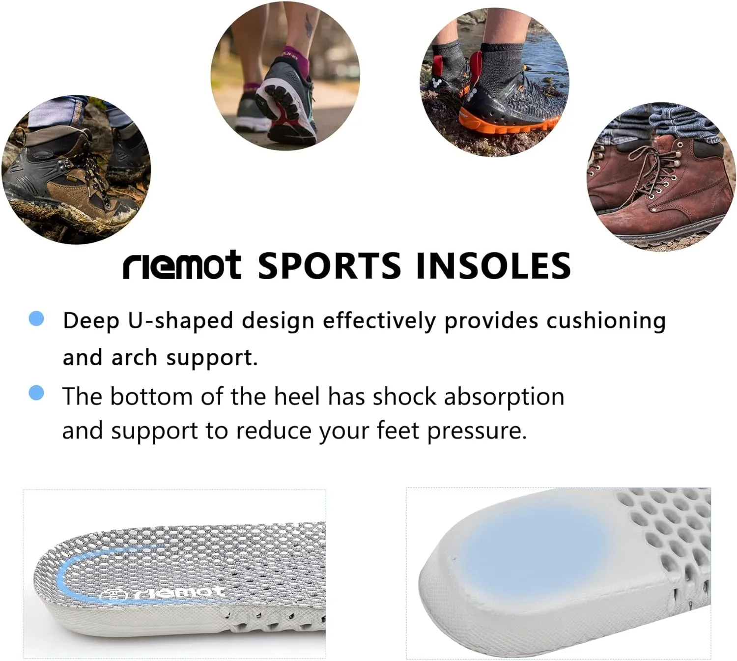 riemot 2 Pairs Shoe Insoles for Men Breathable Honeycomb Sport Inserts Soft Cushioning Running Insole Replacement Insoles for Water Shoes Sneakers Grey US9/ EU42