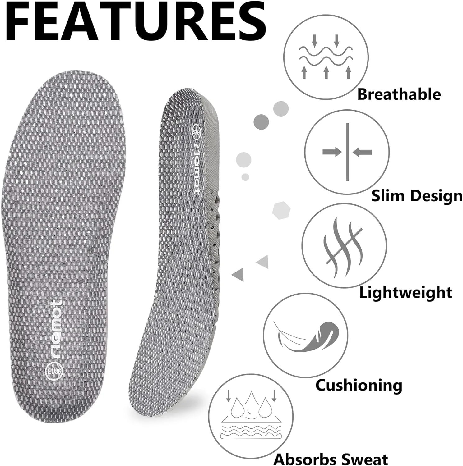 riemot 2 Pairs Shoe Insoles for Men Breathable Honeycomb Sport Inserts Soft Cushioning Running Insole Replacement Insoles for Water Shoes Sneakers Grey US9/ EU42