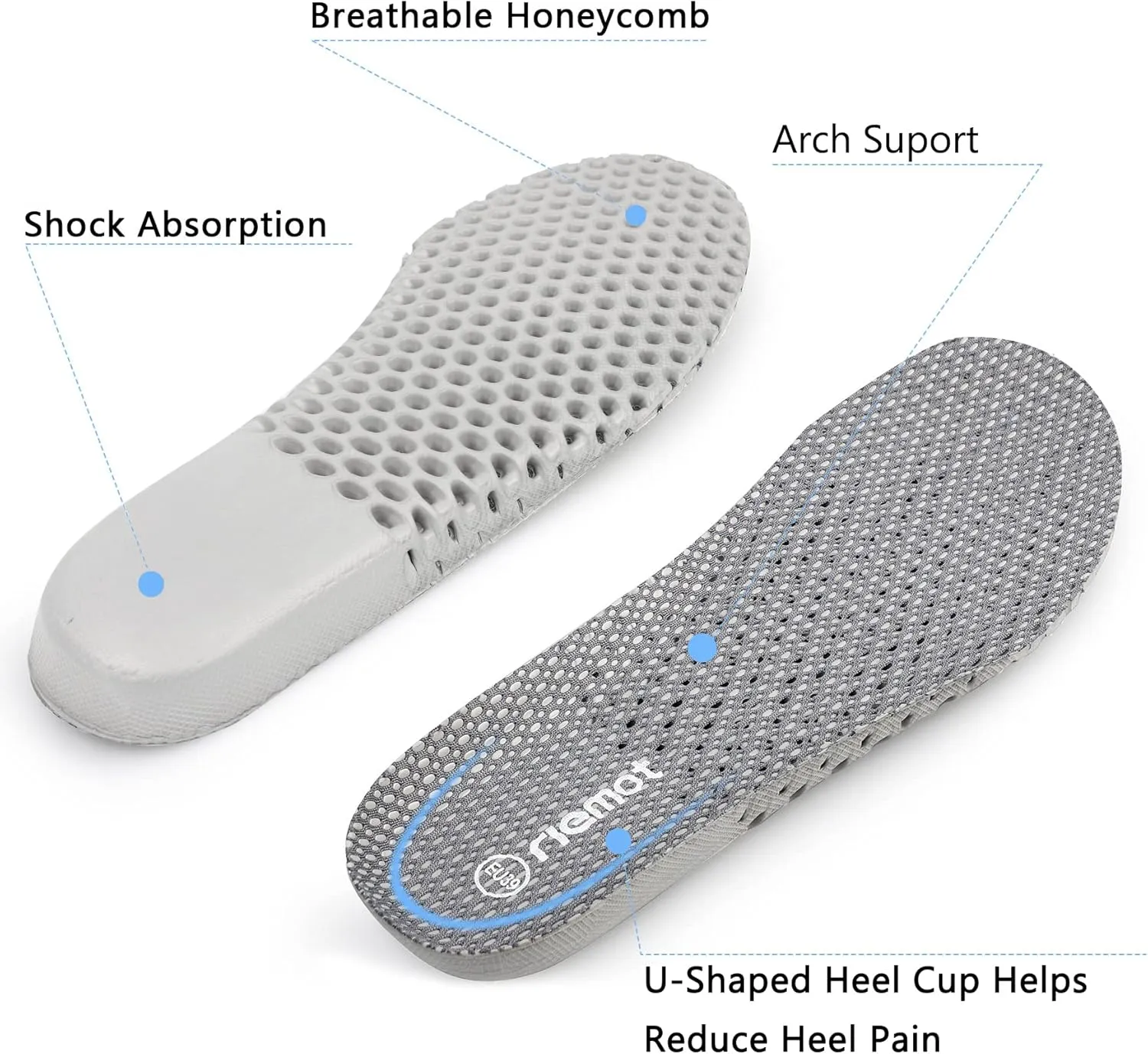 riemot 2 Pairs Shoe Insoles for Men Breathable Honeycomb Sport Inserts Soft Cushioning Running Insole Replacement Insoles for Water Shoes Sneakers Grey US9/ EU42