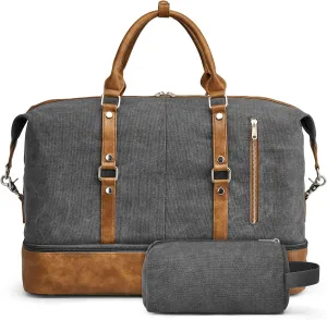 S-ZONE Weekender Bag for Men Canvas Duffle Large Weekend Overnight Travel Carry On Tote Bag with Shoe Compartment (Grey)