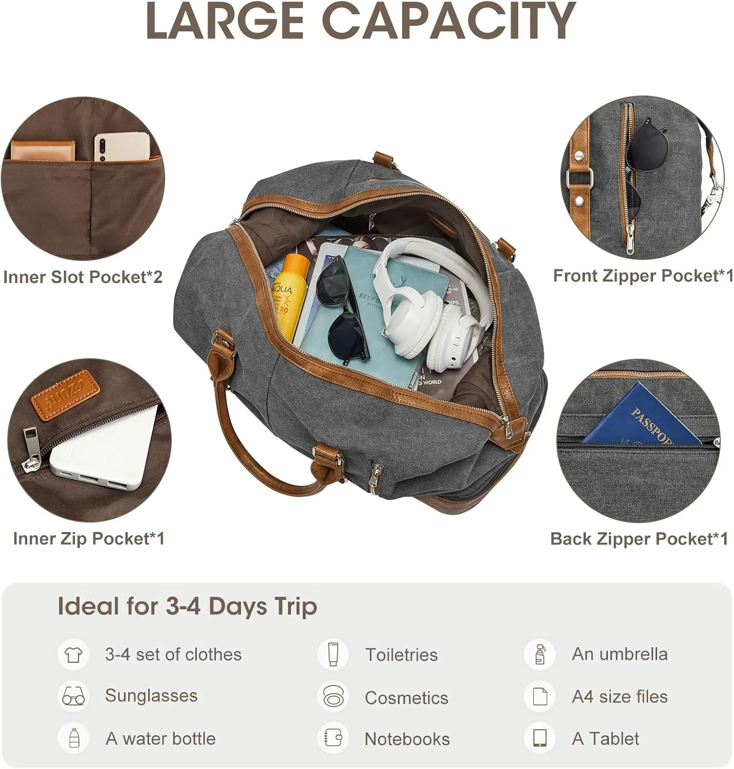 S-ZONE Weekender Bag for Men Canvas Duffle Large Weekend Overnight Travel Carry On Tote Bag with Shoe Compartment (Grey)