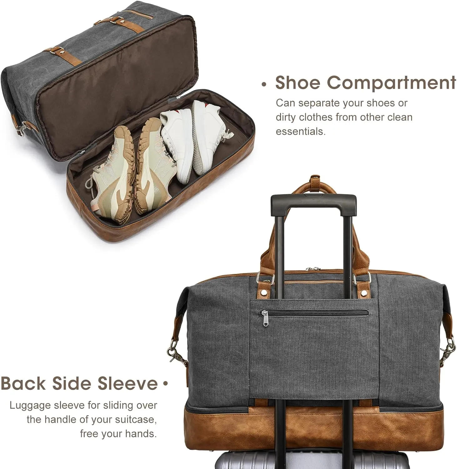 S-ZONE Weekender Bag for Men Canvas Duffle Large Weekend Overnight Travel Carry On Tote Bag with Shoe Compartment (Grey)