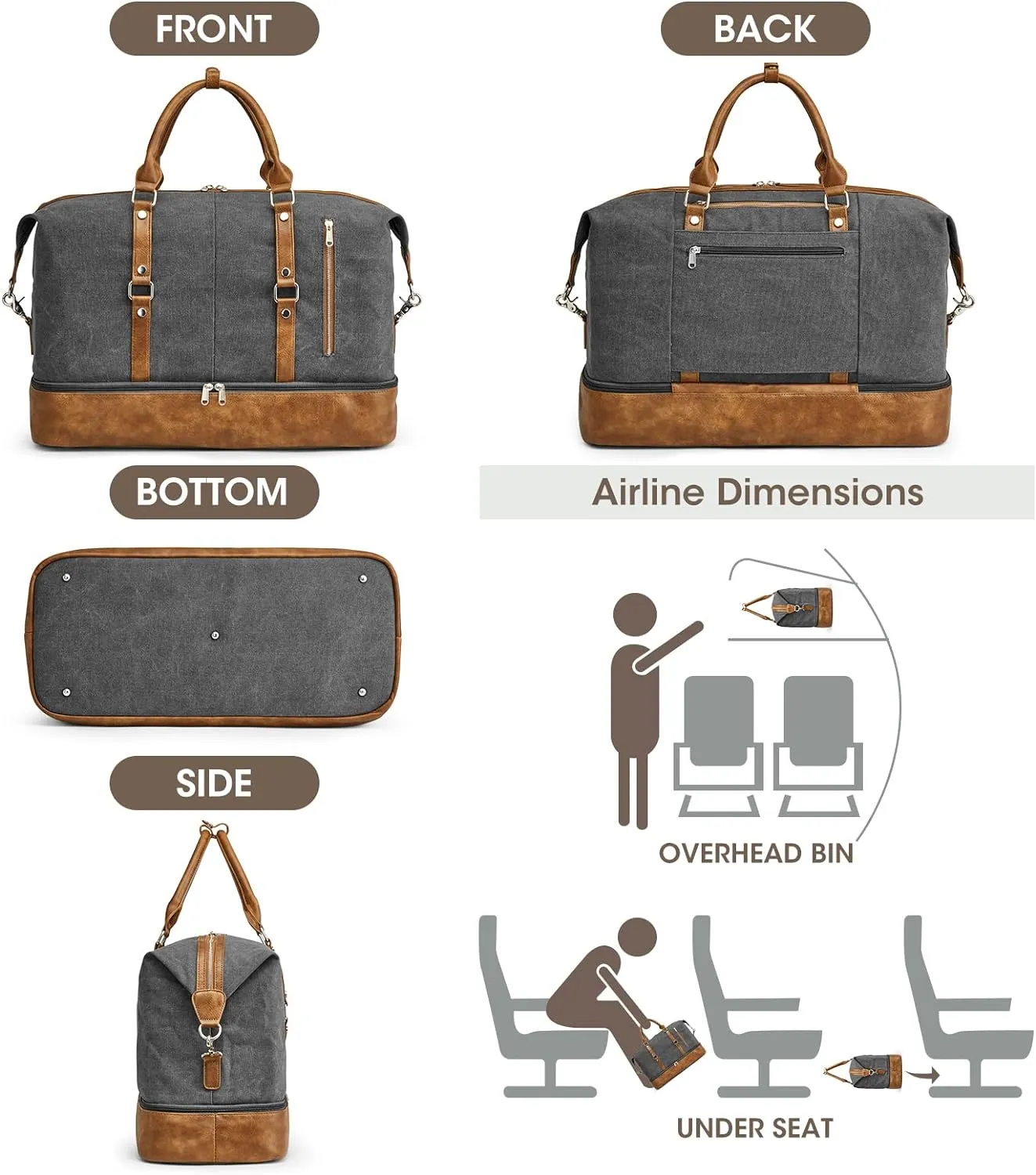 S-ZONE Weekender Bag for Men Canvas Duffle Large Weekend Overnight Travel Carry On Tote Bag with Shoe Compartment (Grey)