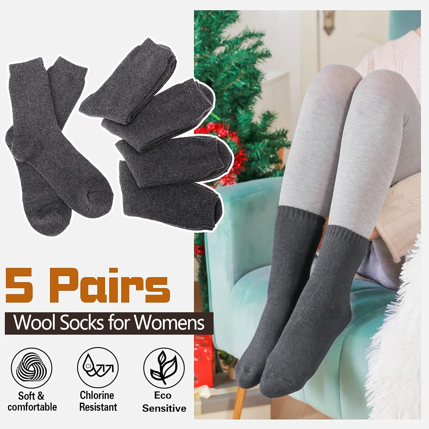 Sandsuced 5 Pack Merino Wool Hiking Socks for Women Warm Winter Thick Thermal Cozy Boot Work Soft Ladies Socks