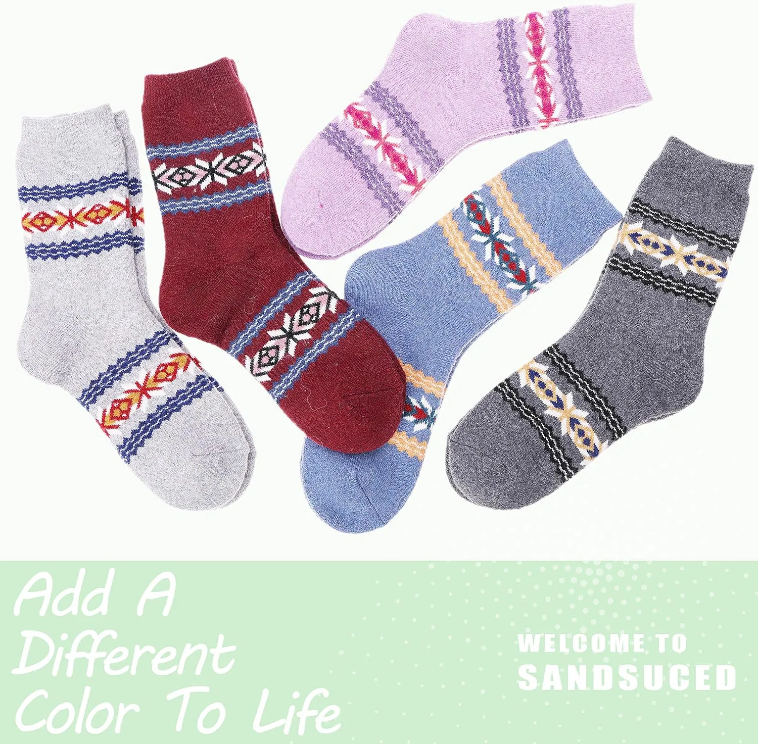 Sandsuced 5 Pack Merino Wool Hiking Socks for Women Warm Winter Thick Thermal Cozy Boot Work Soft Ladies Socks
