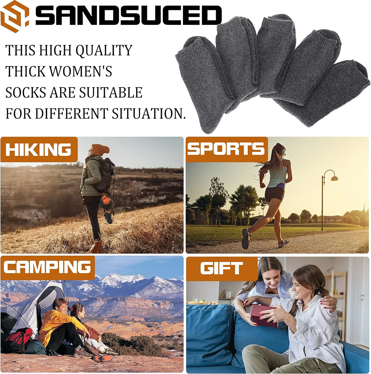 Sandsuced 5 Pack Merino Wool Hiking Socks for Women Warm Winter Thick Thermal Cozy Boot Work Soft Ladies Socks