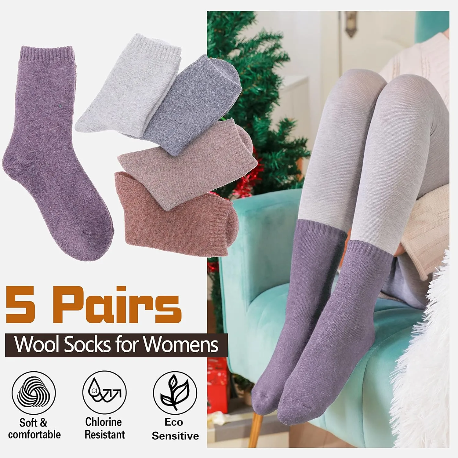 Sandsuced 5 Pack Merino Wool Hiking Socks for Women Warm Winter Thick Thermal Cozy Boot Work Soft Ladies Socks