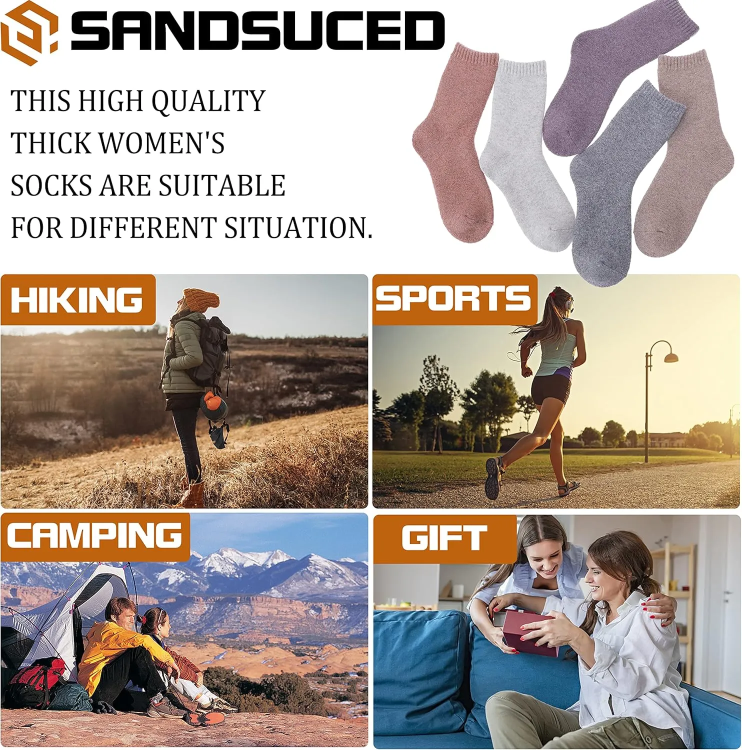 Sandsuced 5 Pack Merino Wool Hiking Socks for Women Warm Winter Thick Thermal Cozy Boot Work Soft Ladies Socks