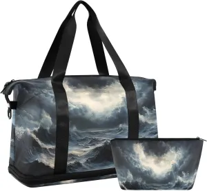 Sea Storm Surge Gym Bag for Women Sport Travel Duffel Bag Shoulder Weekender Overnight Bags with Wet Pocket & Shoe Compartment