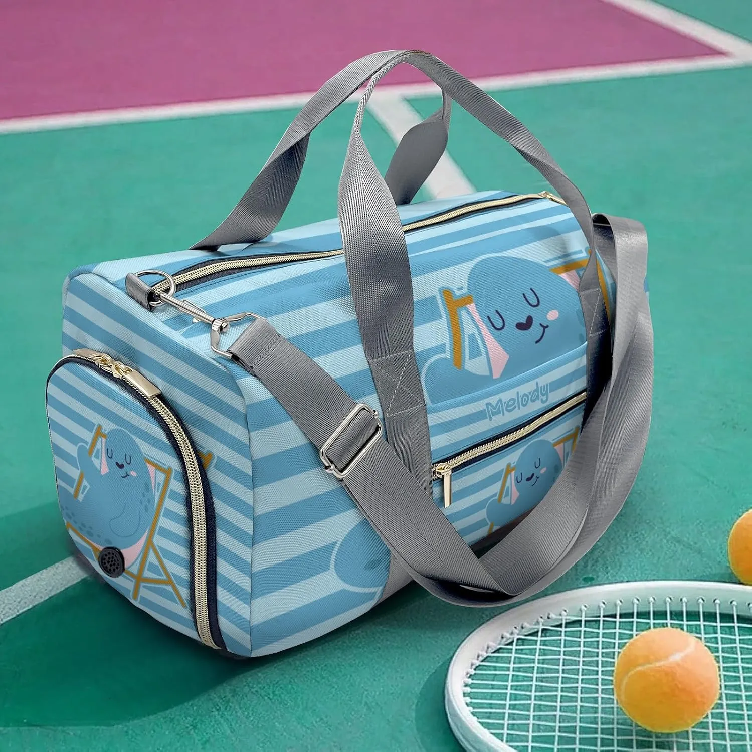 Seal Stripes Blue Personalized Duffel Bag,Custom Travel Gym Bag with Name,Waterproof Sports Overnight Bag with Shoe Compartment & Shoulder Strap