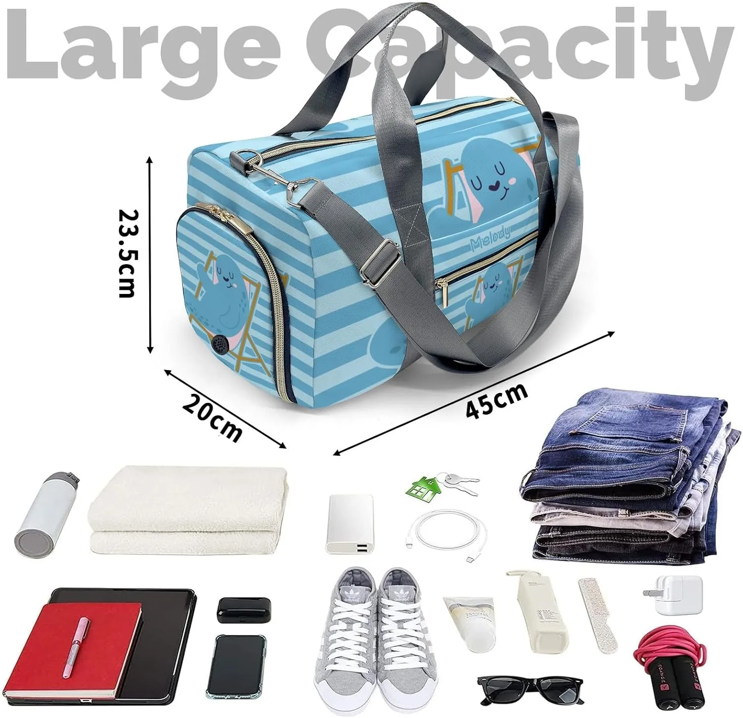 Seal Stripes Blue Personalized Duffel Bag,Custom Travel Gym Bag with Name,Waterproof Sports Overnight Bag with Shoe Compartment & Shoulder Strap