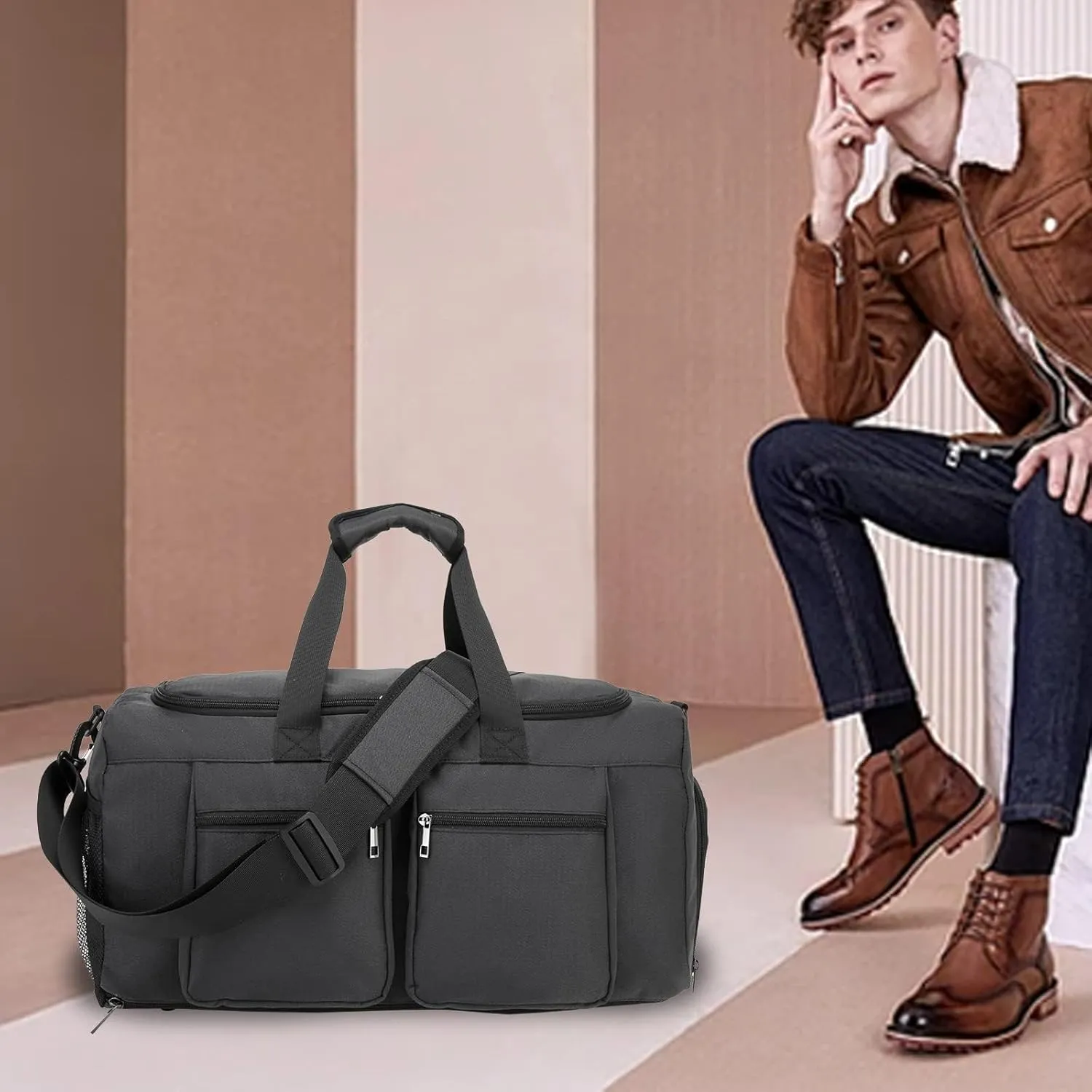 Seyfocnia Gym Weekender Bag for Men Women Travel Duffel with Wet Pocket Overnight with Shoe Compartment Carry On Travel Bag Gym Duffle Sports Bag-Black