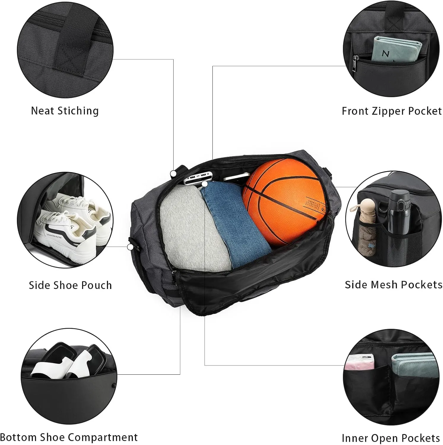 Seyfocnia Gym Weekender Bag for Men Women Travel Duffel with Wet Pocket Overnight with Shoe Compartment Carry On Travel Bag Gym Duffle Sports Bag-Black