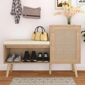 Shoe Bench Entryway with Storage, Natural Rattan Shoe Cabinet Rack with 2 Adjustable Shelves & Removable Seat Cushion L39 inches