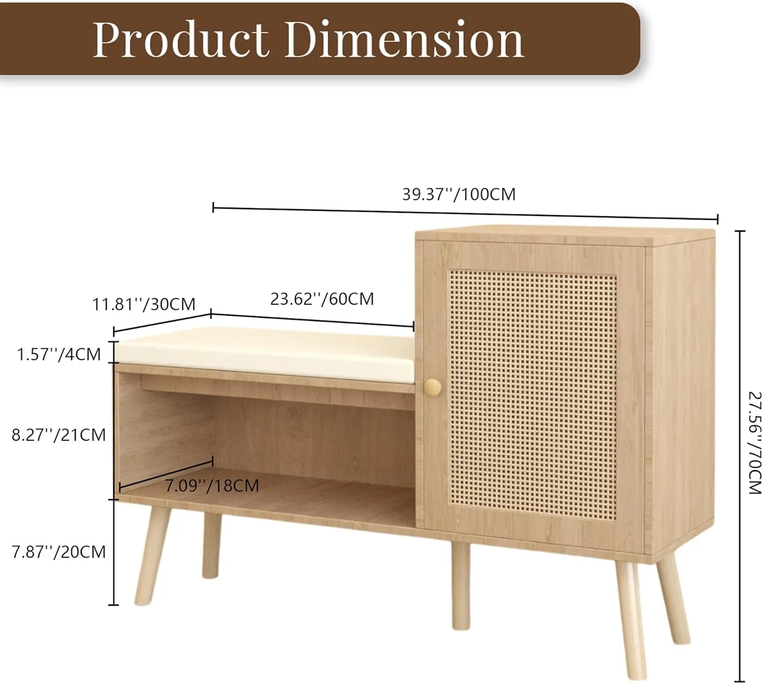 Shoe Bench Entryway with Storage, Natural Rattan Shoe Cabinet Rack with 2 Adjustable Shelves & Removable Seat Cushion L39 inches
