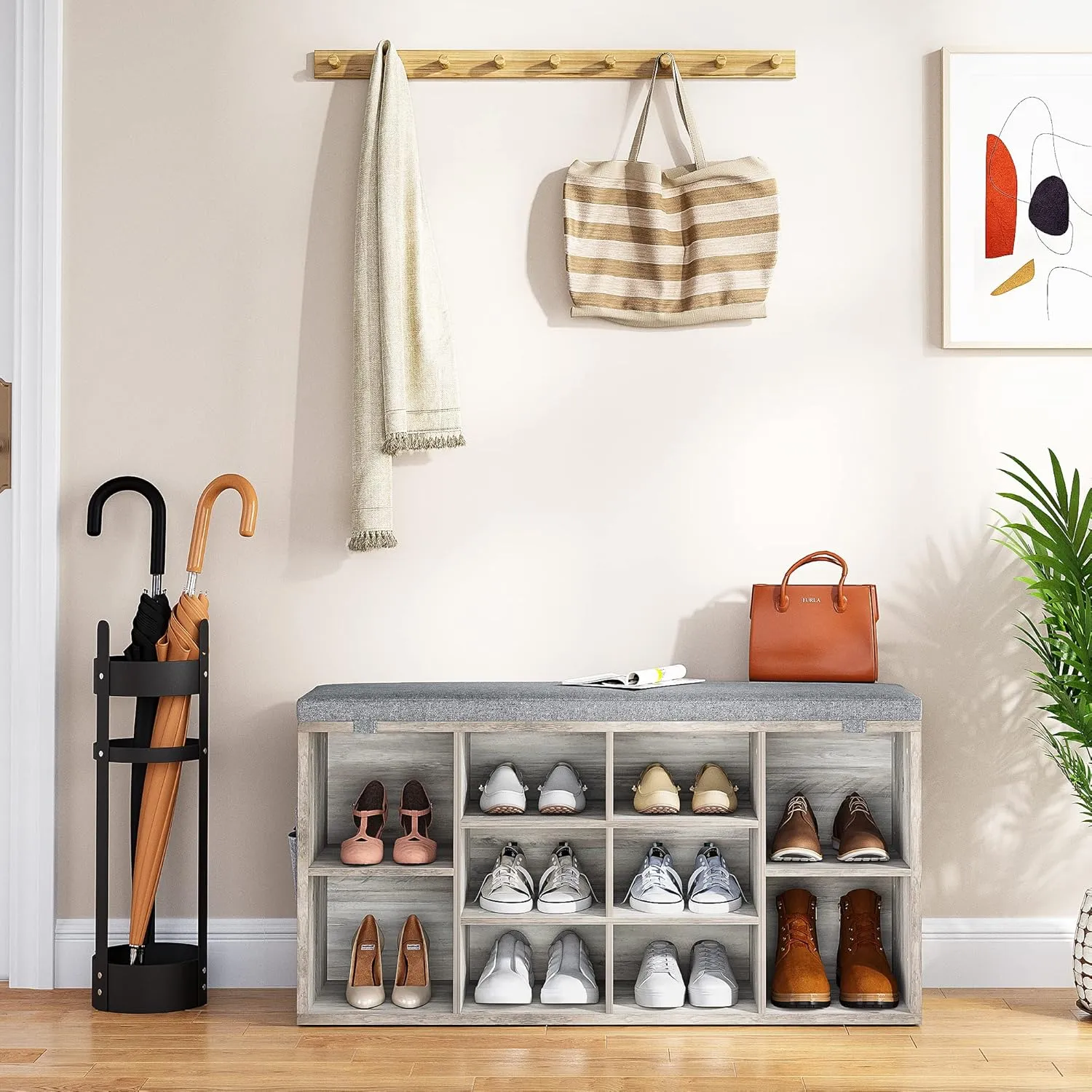 Shoe Bench with Adjustable Shelves，Entryway Storage Bench with Cushion，Wooden Shoe Storage Organizer for Hallway, Living Room, Mudroom, Bedroom, and Porch Decor, 10 Cubbies, Grey