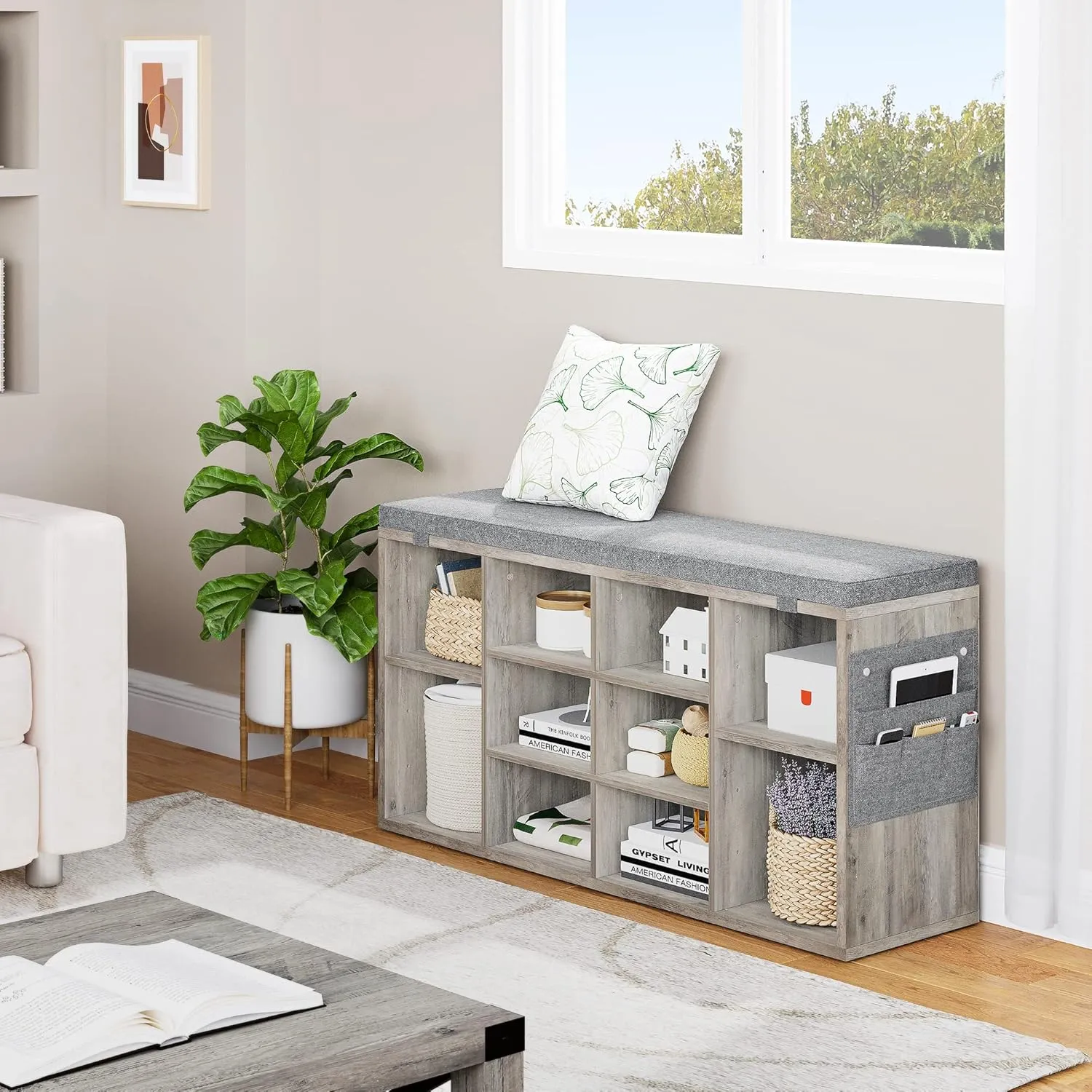Shoe Bench with Adjustable Shelves，Entryway Storage Bench with Cushion，Wooden Shoe Storage Organizer for Hallway, Living Room, Mudroom, Bedroom, and Porch Decor, 10 Cubbies, Grey