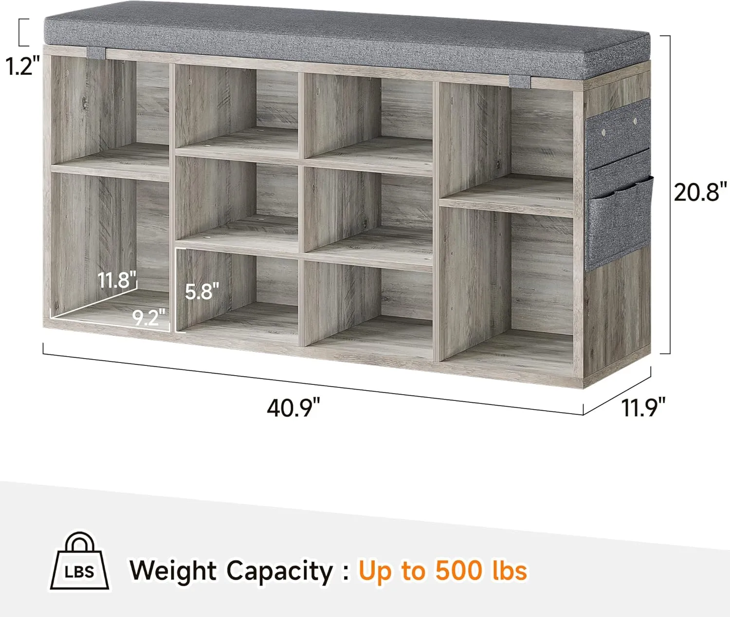 Shoe Bench with Adjustable Shelves，Entryway Storage Bench with Cushion，Wooden Shoe Storage Organizer for Hallway, Living Room, Mudroom, Bedroom, and Porch Decor, 10 Cubbies, Grey
