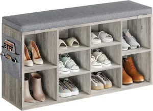 Shoe Bench with Adjustable Shelves，Entryway Storage Bench with Cushion，Wooden Shoe Storage Organizer for Hallway, Living Room, Mudroom, Bedroom, and Porch Decor, 10 Cubbies, Grey