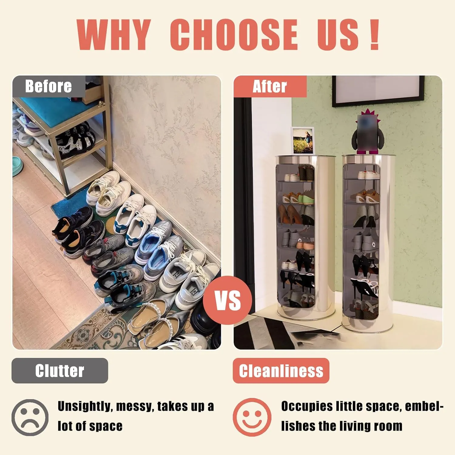 Shoe Cabinet Rotating Shoe Cabinet Hidden Shoe Storage Freestanding Shoe Rack Vertical Round Shoe Rack Tall Shoe Cabinet Entryway Shoe Storage Cabinet F 12.6×12.6×47.2in/8 Tier