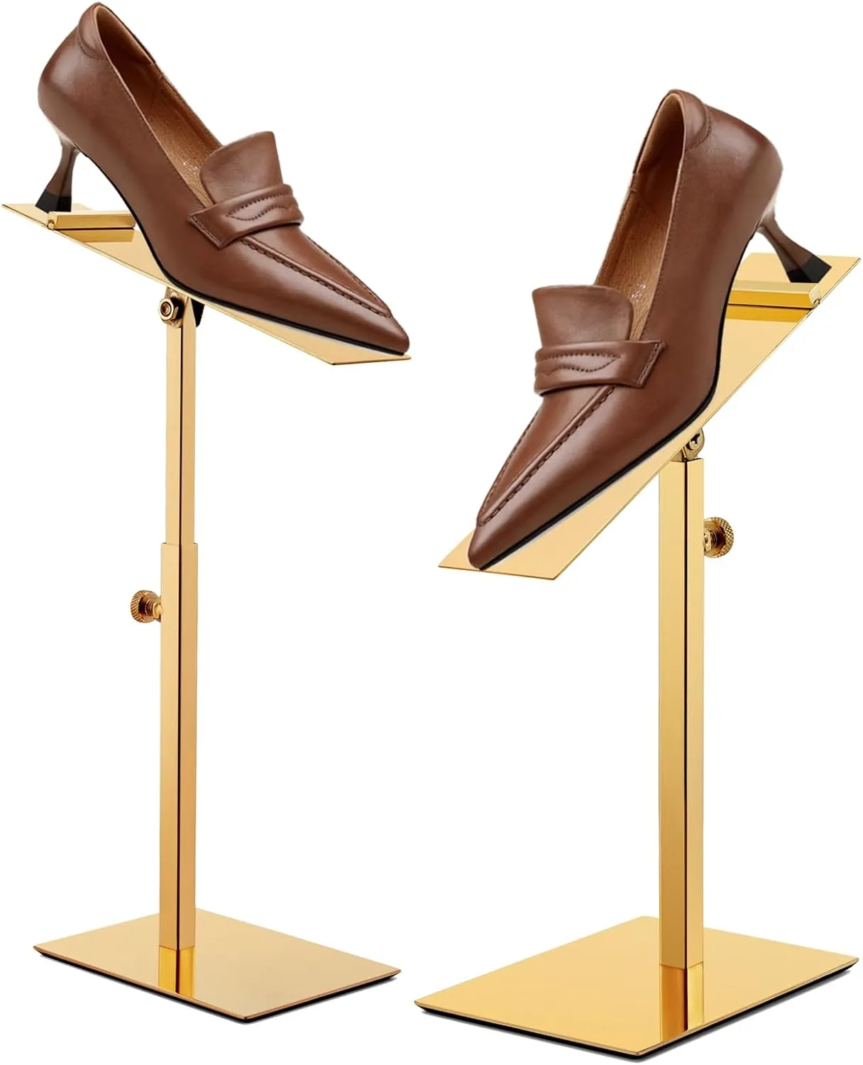 Shoe Display Stand 2 Pack Gold High Heel Shoe Riser Stainless Steel Sandals Display Stand Adjustable Height Stainless Steel Shoes Racks for Store Shopping Malls