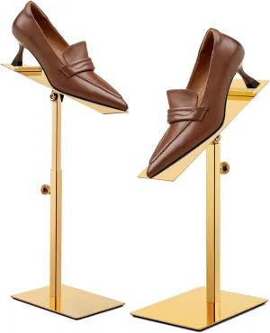 Shoe Display Stand 2 Pack Gold High Heel Shoe Riser Stainless Steel Sandals Display Stand Adjustable Height Stainless Steel Shoes Racks for Store Shopping Malls