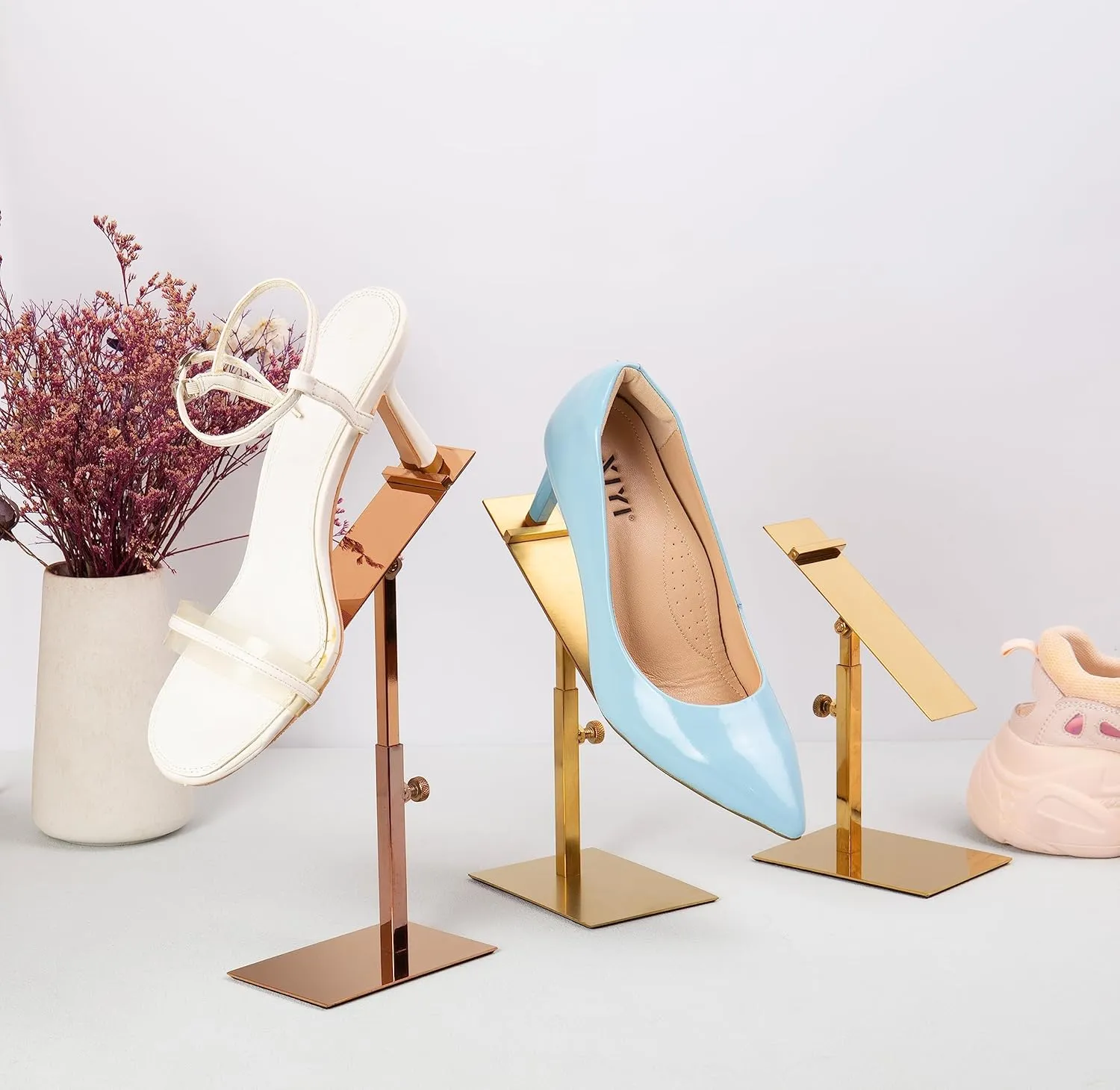Shoe Display Stand 2 Pack Gold High Heel Shoe Riser Stainless Steel Sandals Display Stand Adjustable Height Stainless Steel Shoes Racks for Store Shopping Malls
